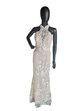 Rose/Ivory Lace Halter Fit/Flare Prom/Party Formal Dress - Mori Lee
